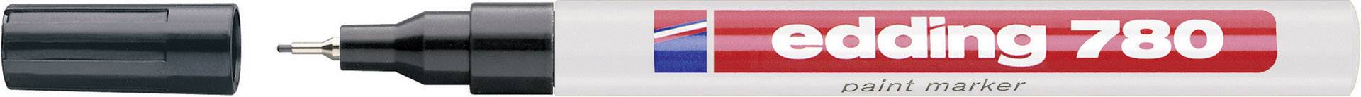 A black Edding 780 paint marker with the cap removed, suitable for precise writing on smooth surfaces.