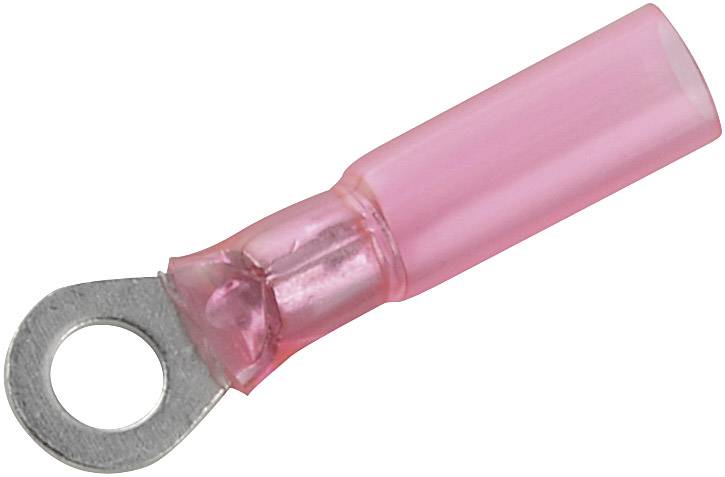 A pink insulated cable lug with a round metal ring terminal for electrical wiring.