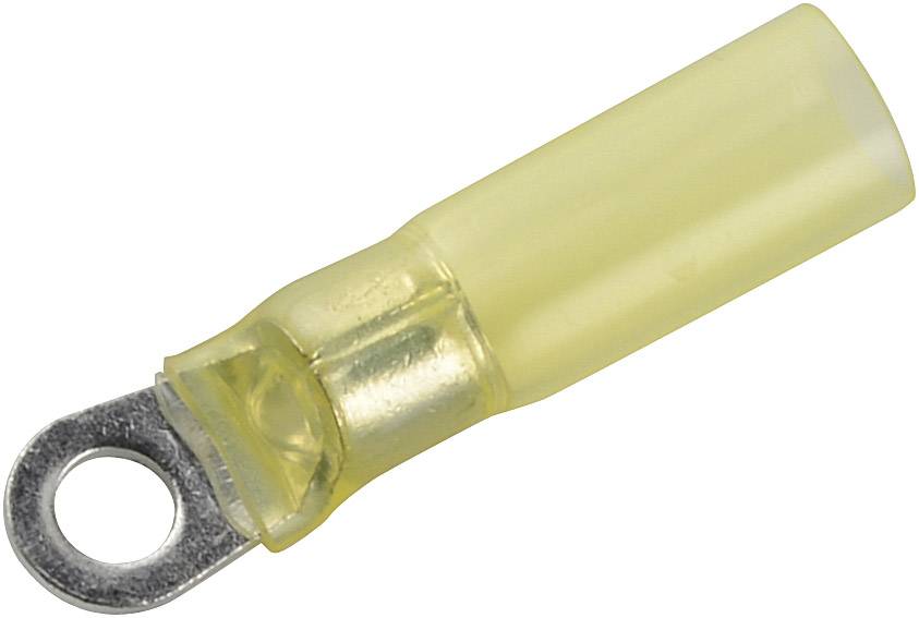 Electrical Cable Lug: A yellow, insulated metal and plastic ring cable lug, used for connecting cables to screw terminals.