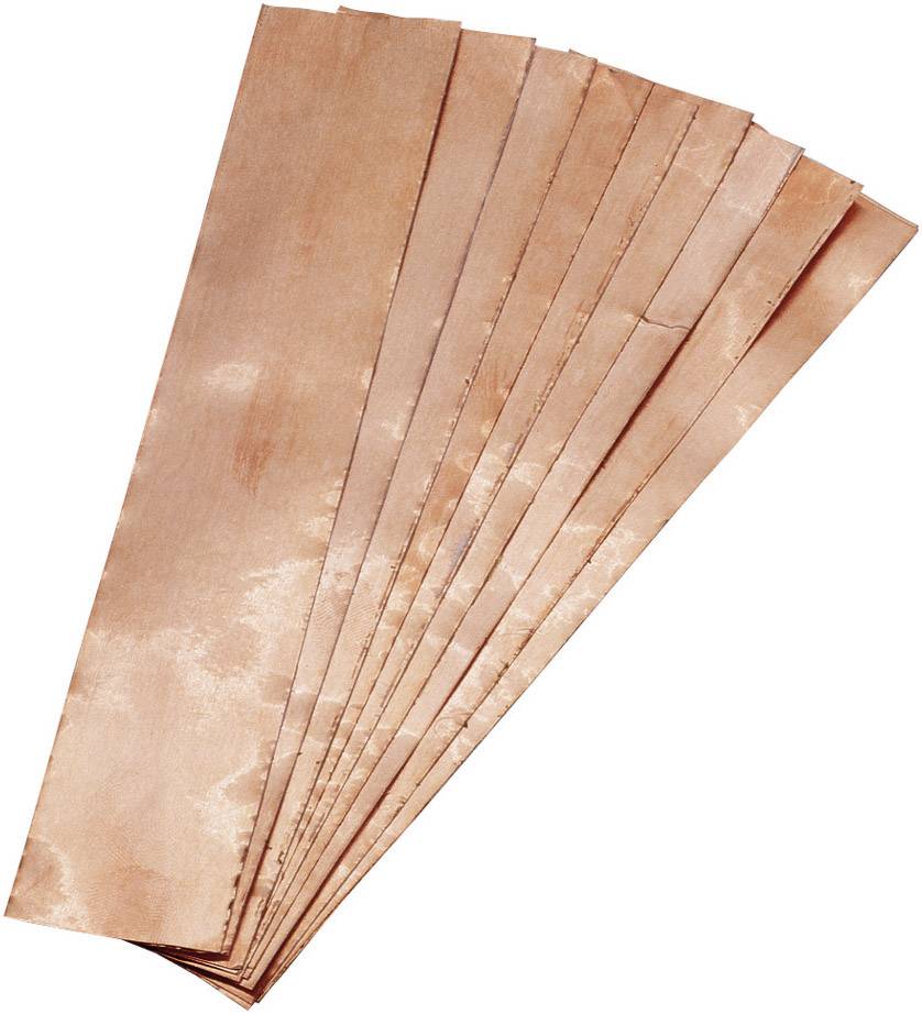 Several copper sheets fanned out in a fan-like arrangement, displaying their gleaming surface, which is suitable for electronics or DIY projects.