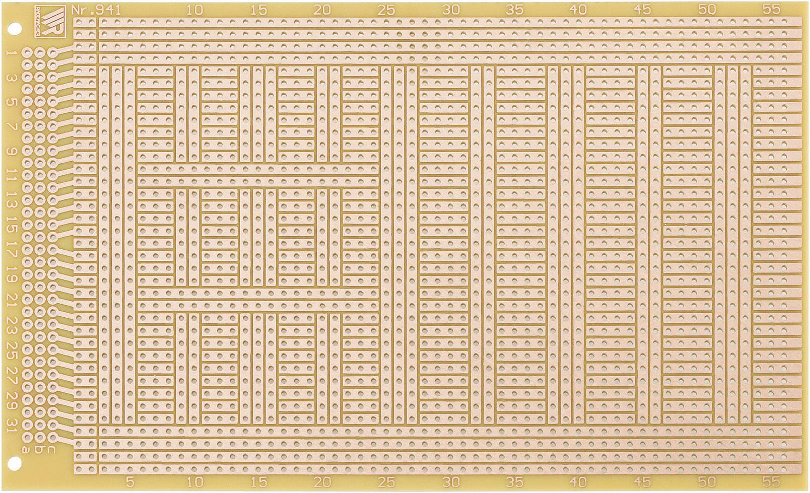 A rectangular, unpopulated breadboard with parallel trackways and numerous connection holes for electronic components.