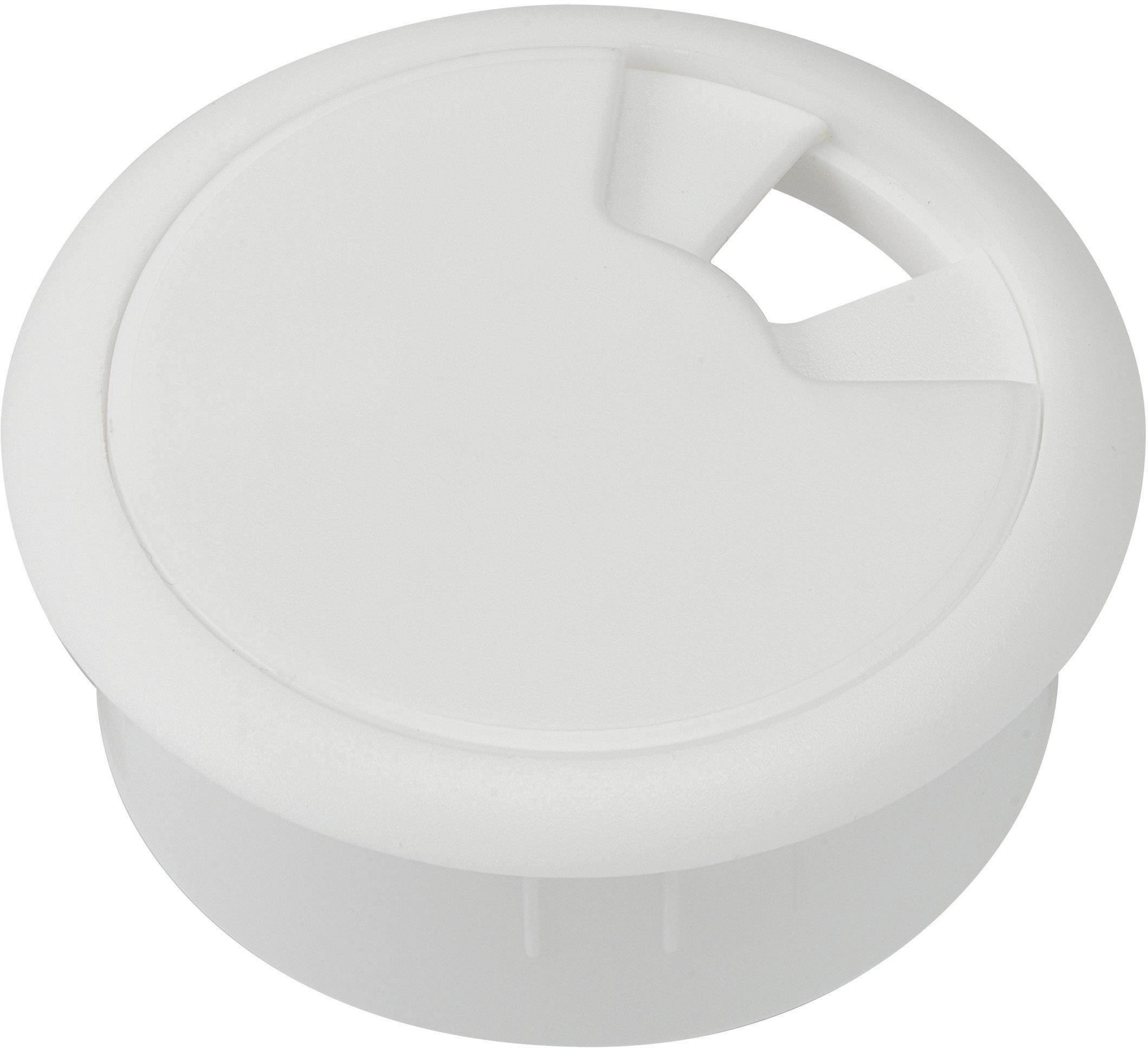 White cable grommet for desks, round, with an open slot for cable management.