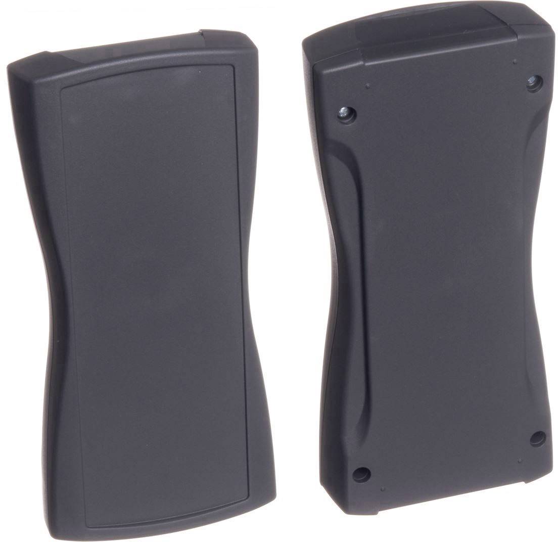 Two black remote controls with a curved design; one showing the front, the other the back with screw holes.