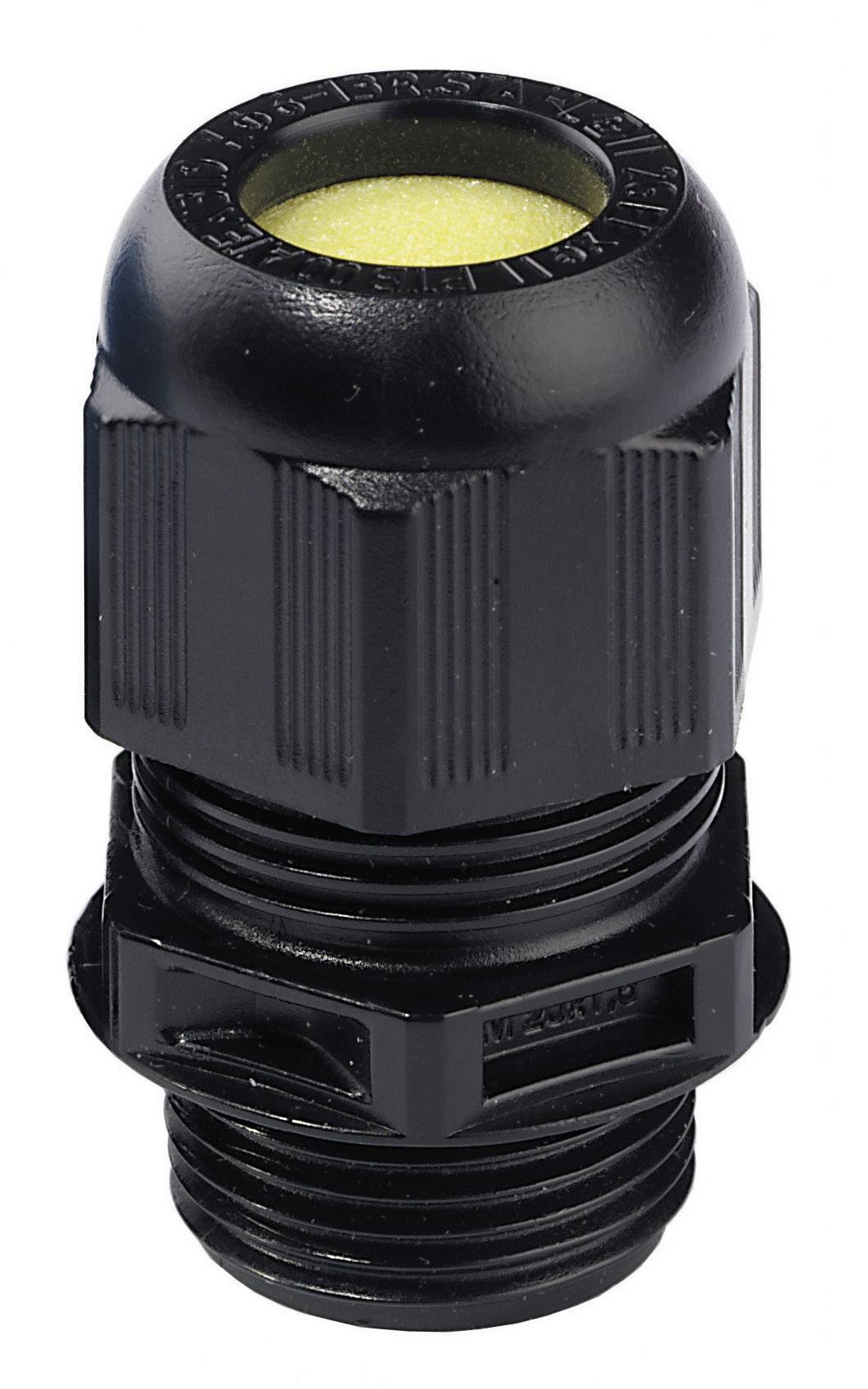 Black cable gland with cylindrical form and ribbed structure, suitable for protecting and securing cables.