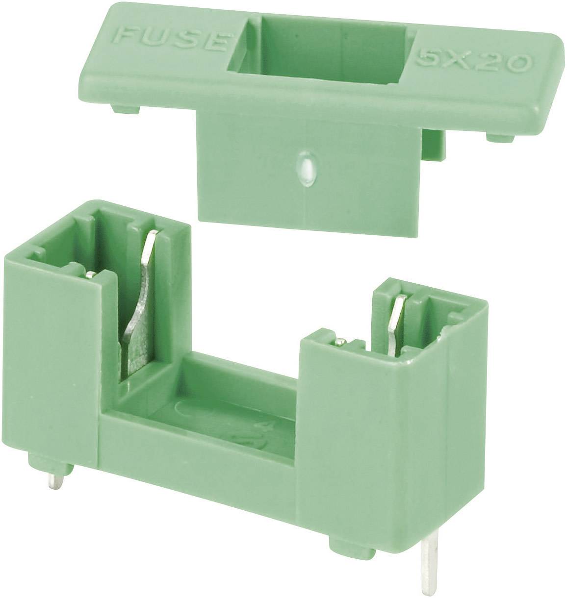 Green fuse holder with open cover and visible metal contacts, suitable for 5x20 mm fuses.
