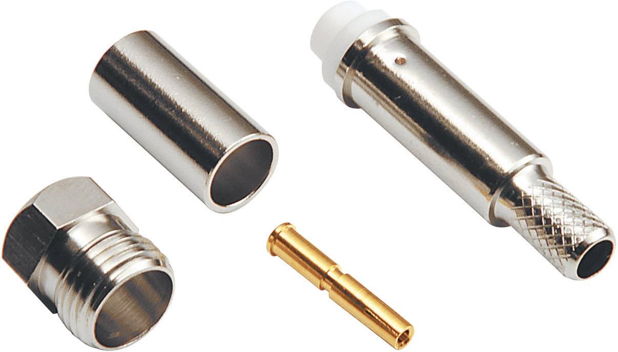 Four metallic connector components, including a cylindrical adapter, a plug pin, a threaded sleeve, and a cover tube.