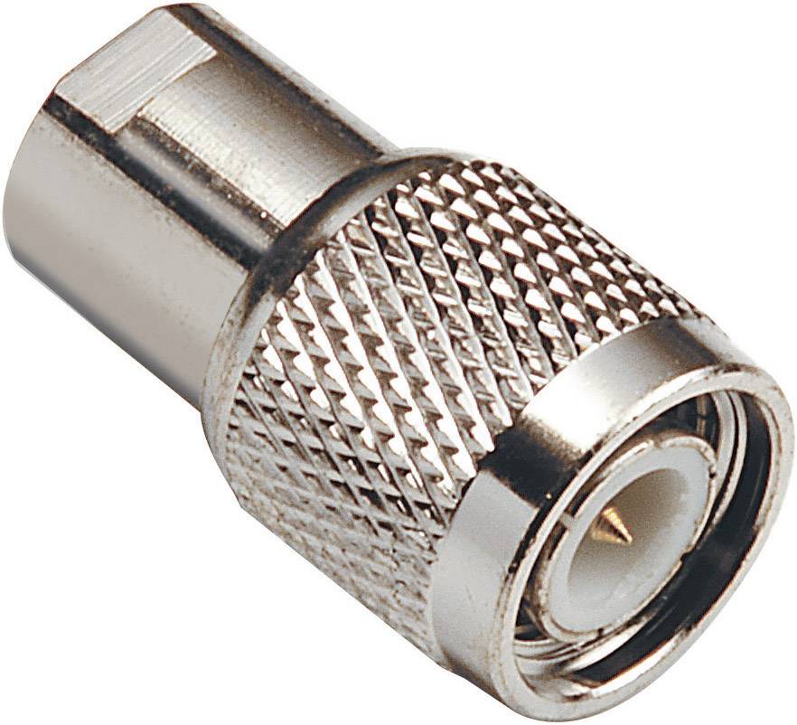 A metallic coaxial adapter with a knurled surface and central contact pin. It is used for connecting coaxial cables.