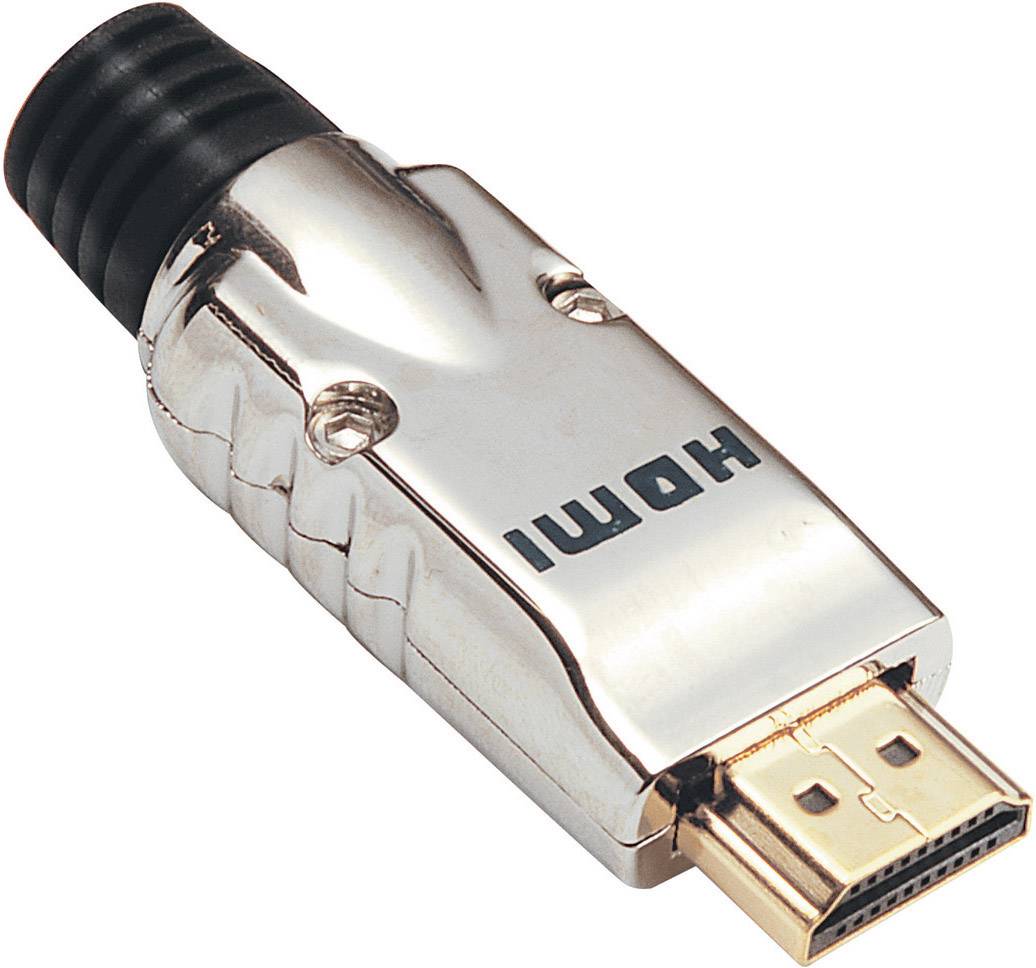 A silver HDMI plug with a black handle and golden tip, with 'HDMI' written on it.