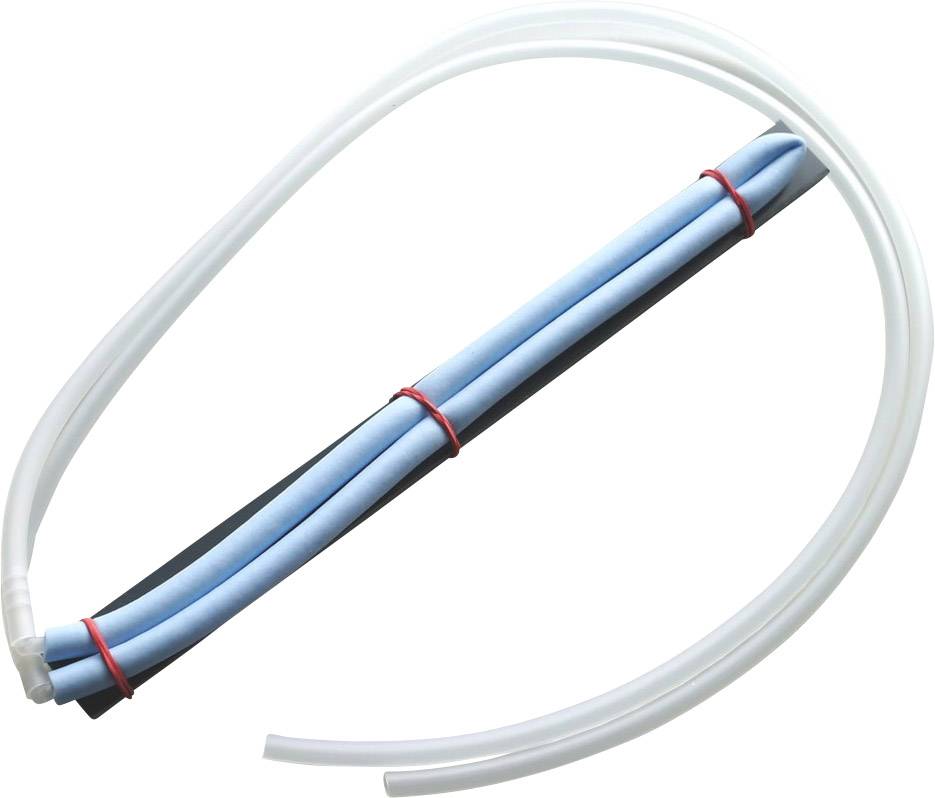 Two blue hoses held by red cable ties, surrounded by a white, tube-like structure in an oval arrangement.