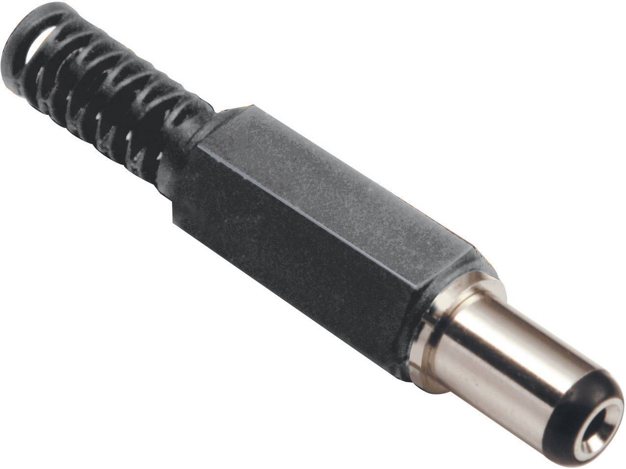 Close-up view of a direct current plug with a black casing and metal tip, used for electronic connections.