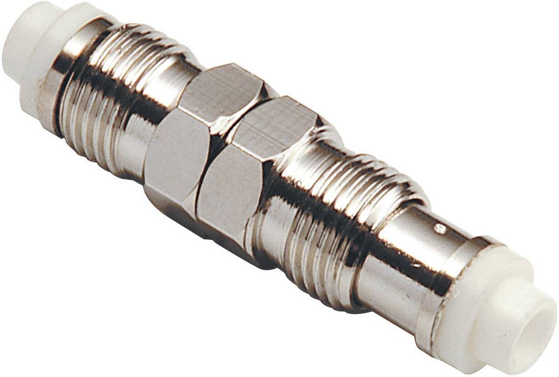 A metal connector with two threads and a hexagonal nut in the centre.