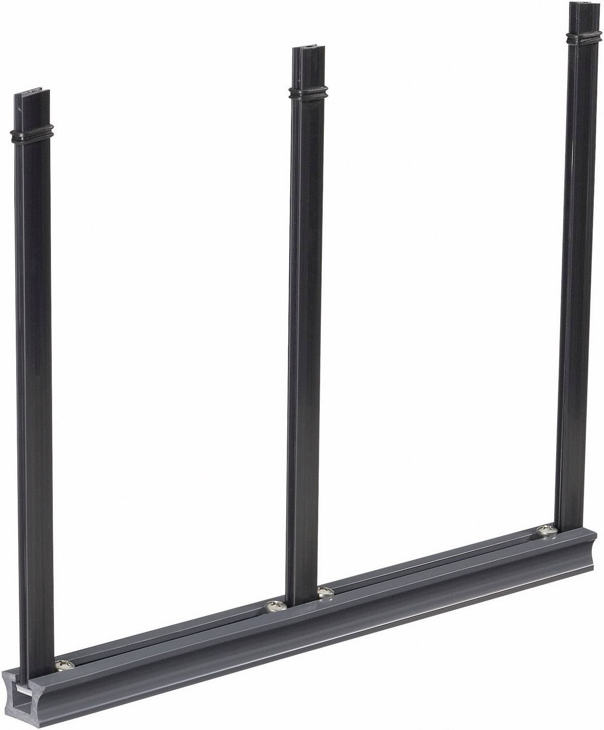 Three black vertical metal bars on a rectangular base, likely part of a stand or frame.