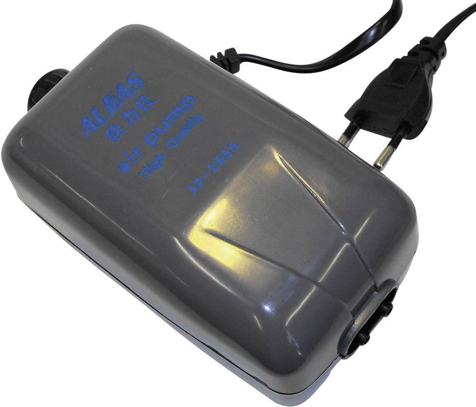 A grey air pump with a black power cable and plug. The words 'ALEAS air pump' are printed on the pump.
