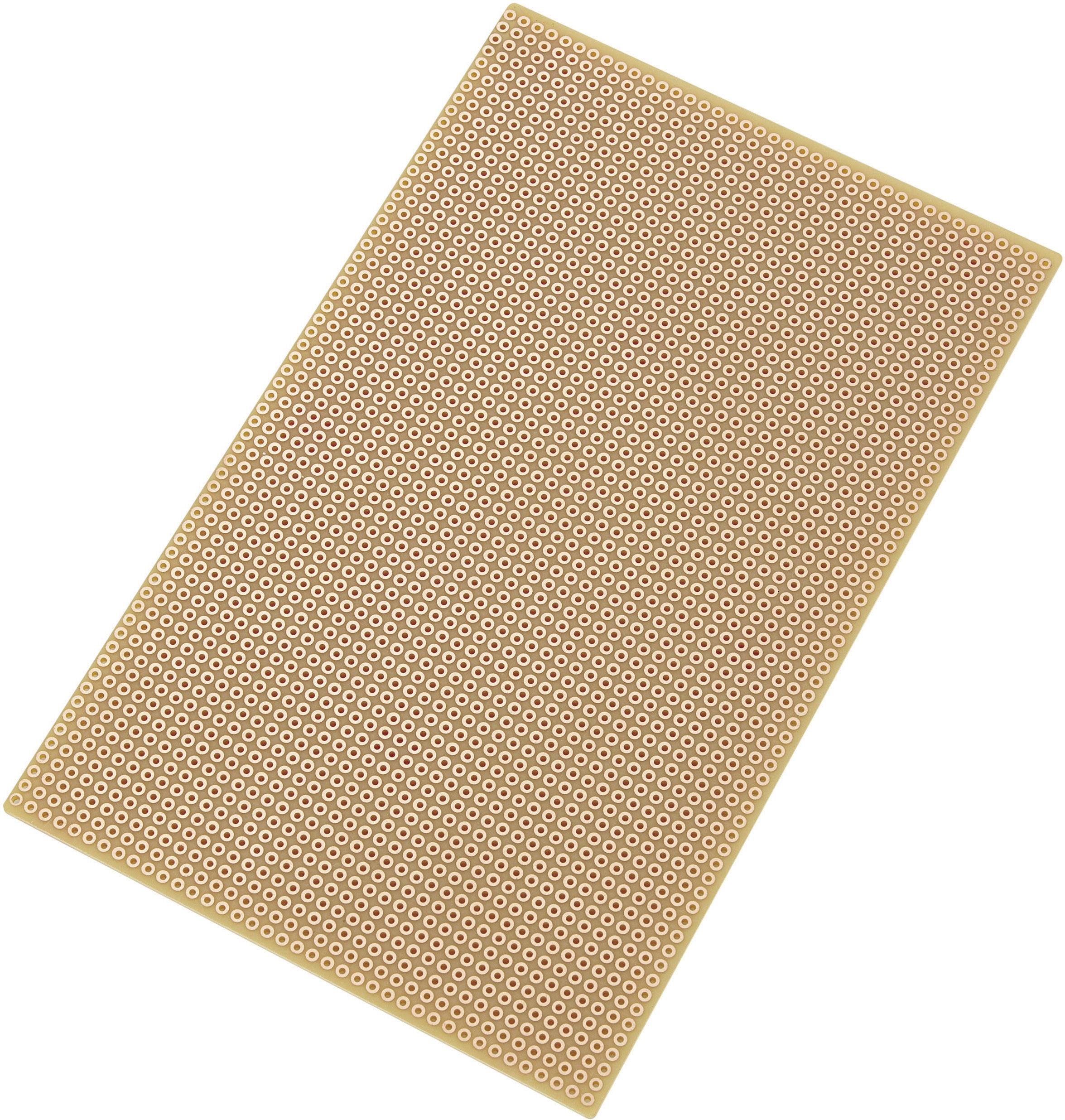 Perforated circuit board with numerous small holes for electronic components; used for creating prototypes and circuits.