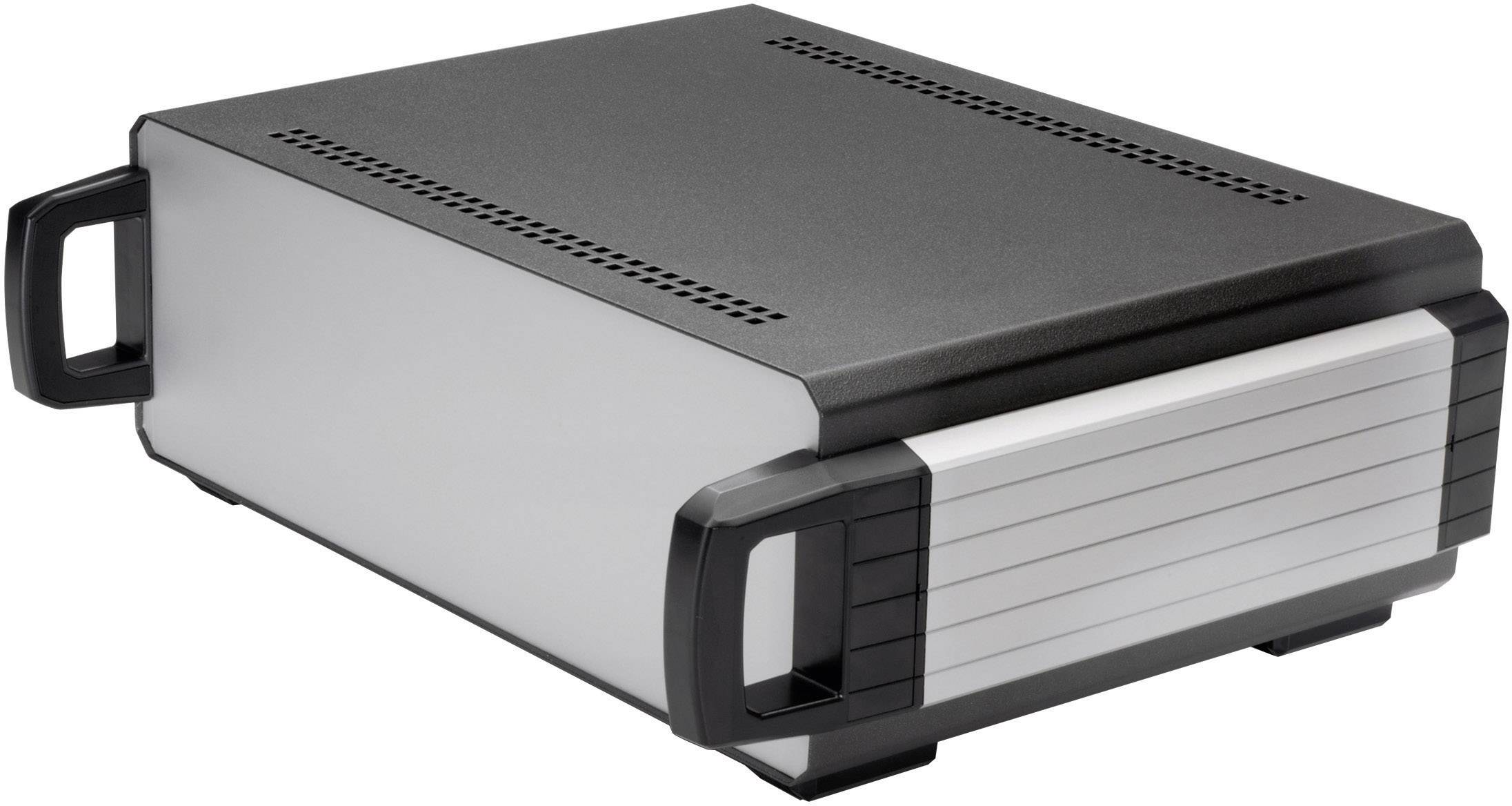 A rectangular metal enclosure with two side handles and a ventilated top, suitable for electronic devices.