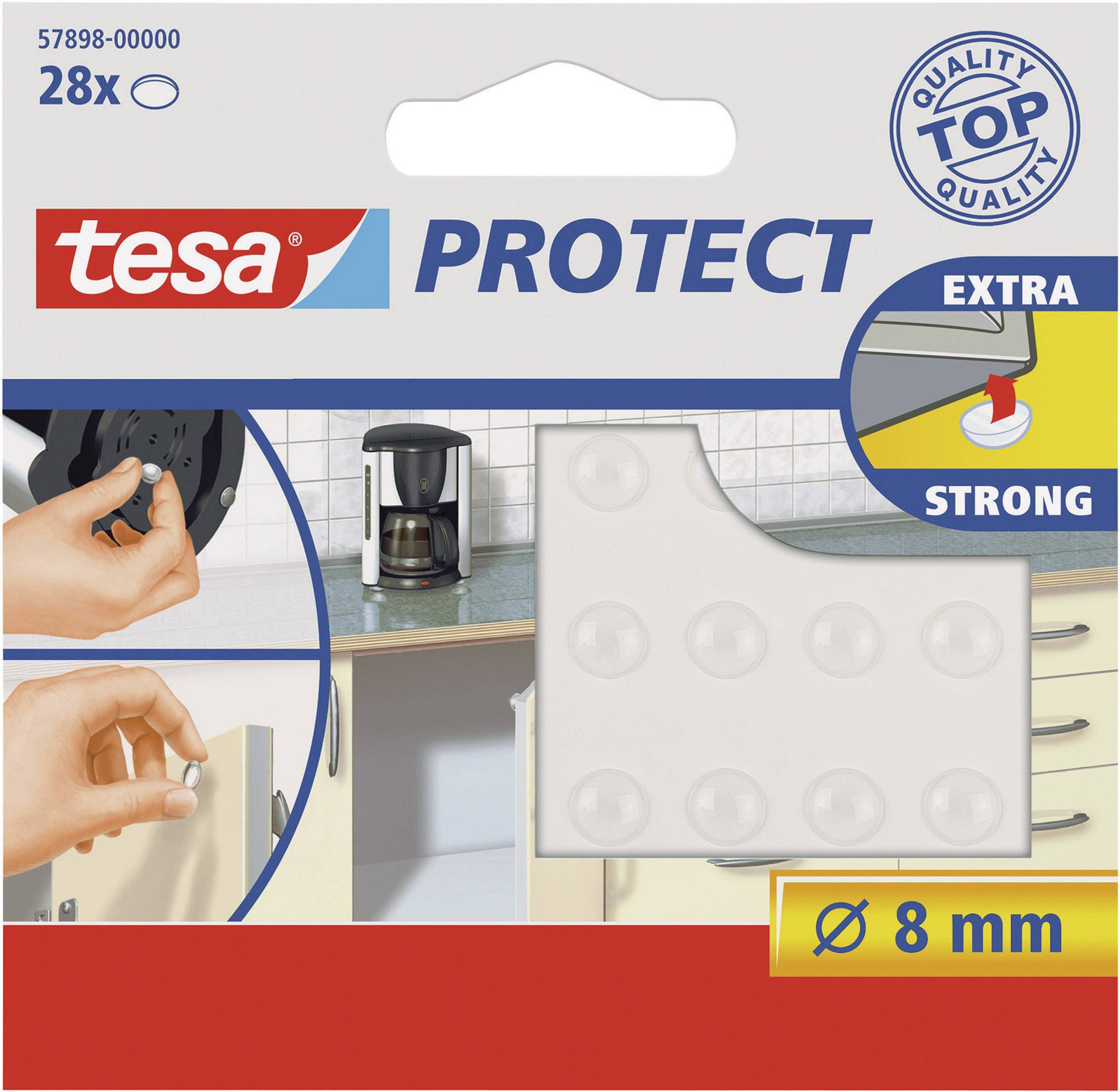 Packaging of 'tesa PROTECT' with protective pads. Shows application of pads on furniture to prevent scratches. Contains 28 pieces, diameter 8 mm.