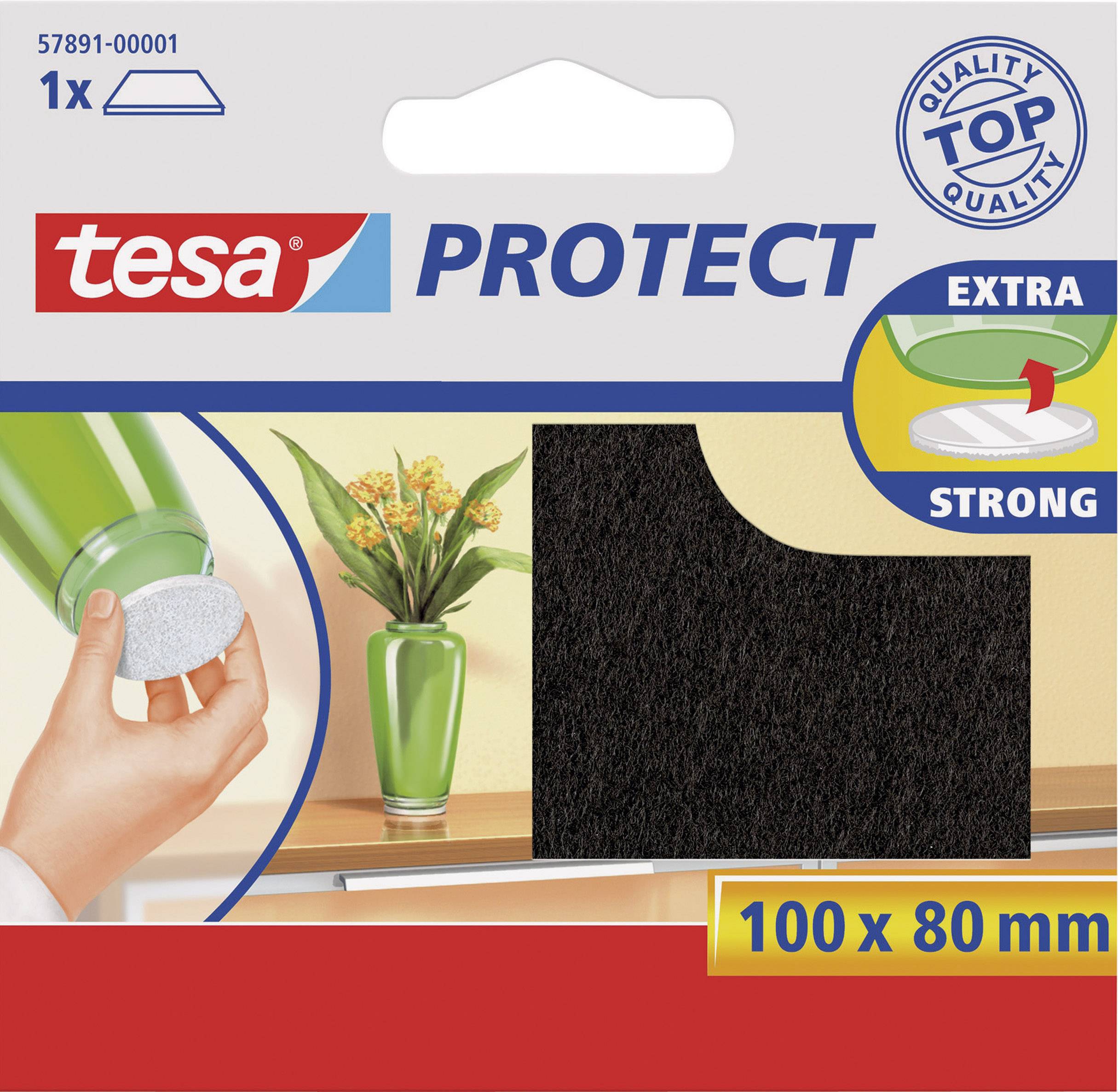 Packaging for 'tesa PROTECT' felt in black, 100 x 80 mm. Shows a hand attaching felt to furniture, with a vase in the background.