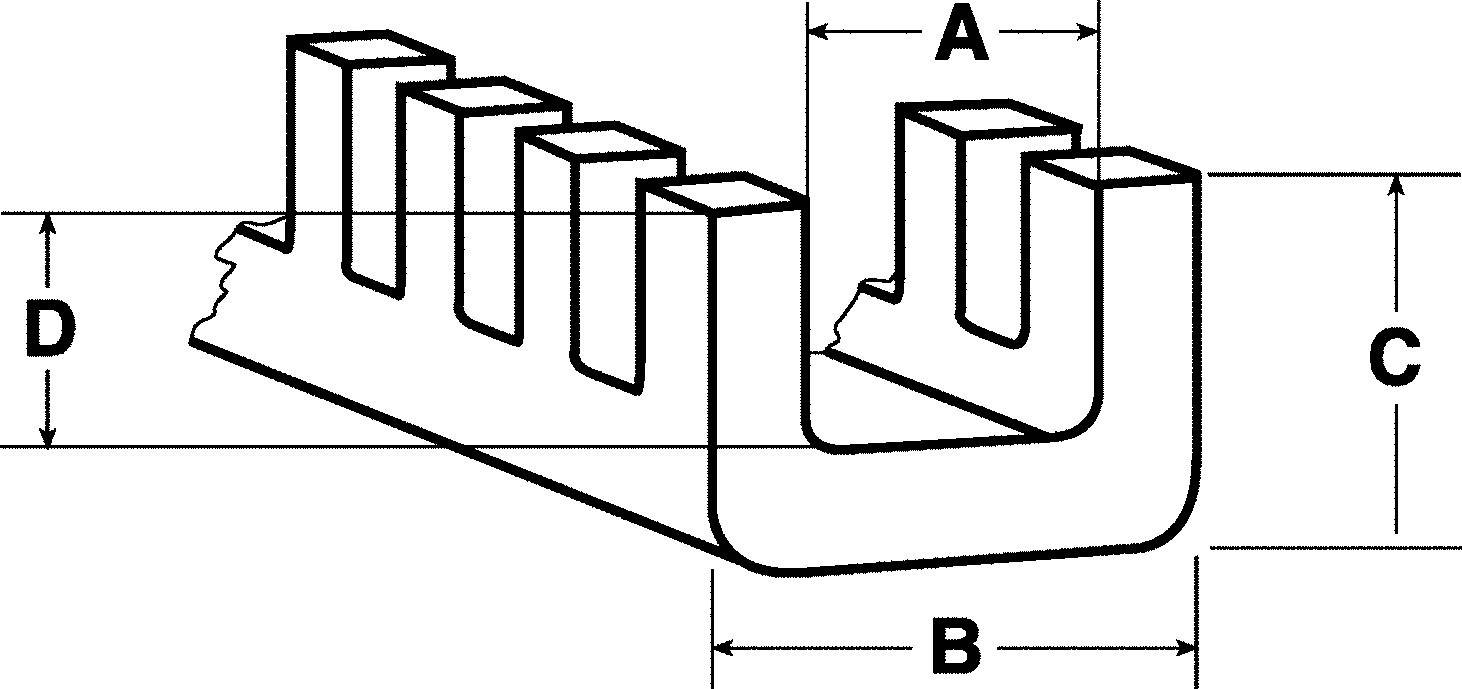 A technical diagram shows a U-shaped component with five evenly spaced notches at the top. Lengths A, B, C, D are marked.