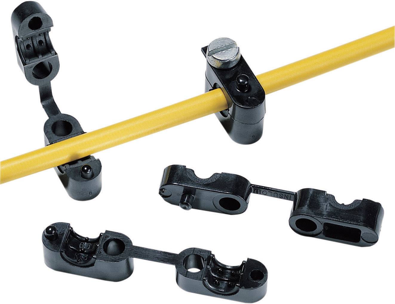 Black plastic mounting brackets are clamped onto a yellow pipe. Four separate brackets shown in different positions.