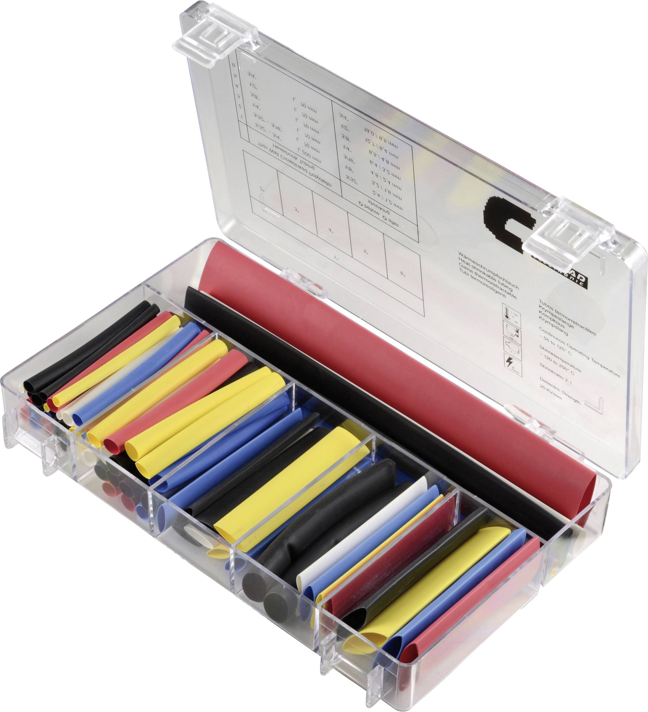 A transparent box with shrink sleeves in various colours, organised in compartments.