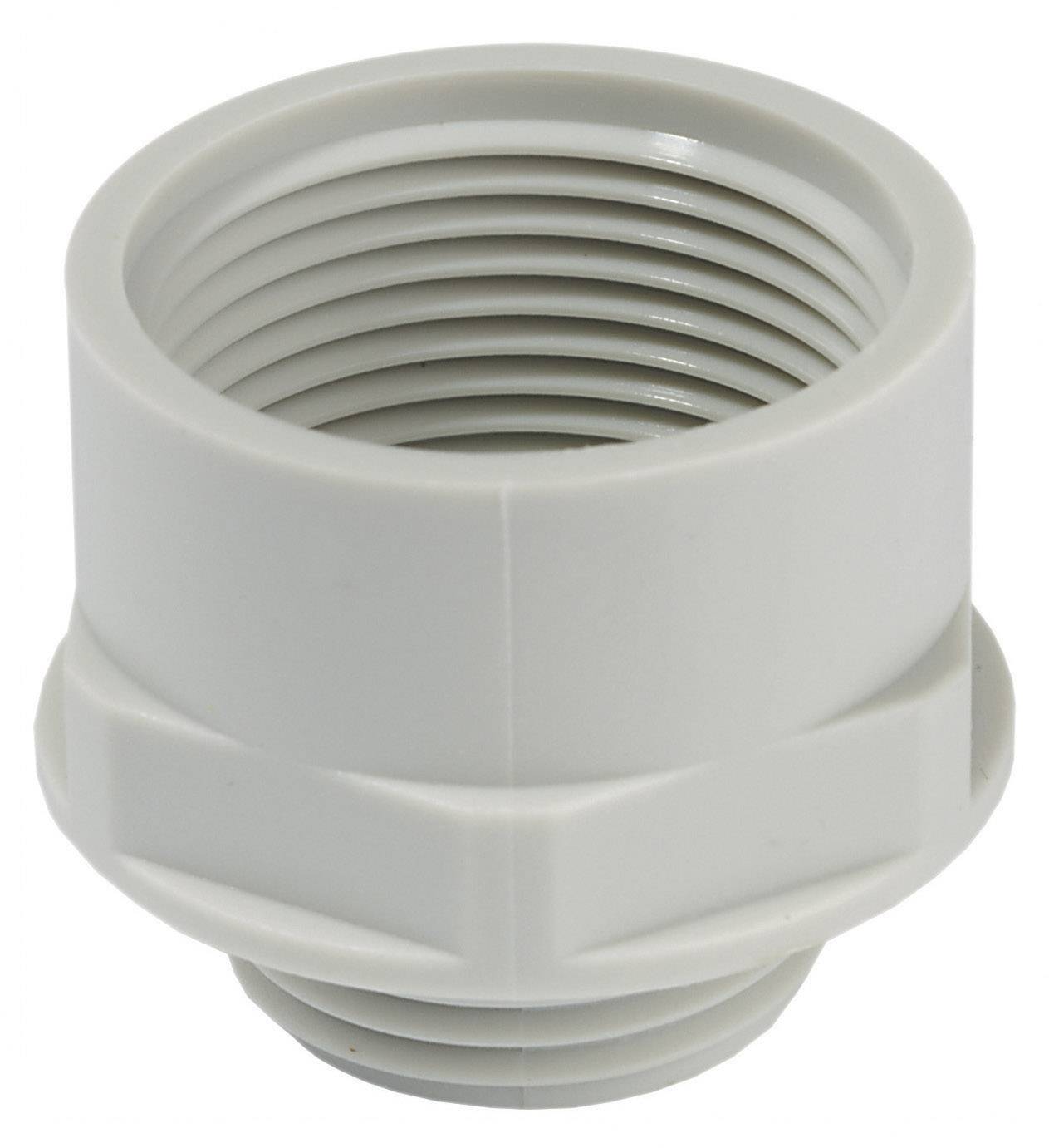 A grey, cylindrical PVC pipe connector with internal threading. Suitable for installations in plumbing or irrigation systems.