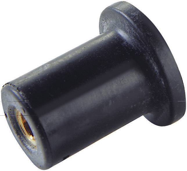 A black rubber buffer with a metal thread on its underside, used as a shock absorption or damping element in mechanical engineering.