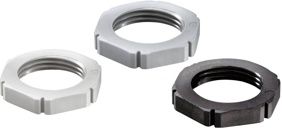 Three hexagonal nuts in metallic finish, in silver and black colours, on a white background. They are used to secure screws.