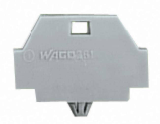 Grey connection terminal accessory with a rectangular shape and square cut-out, featuring the 'WAGO 261' logo.