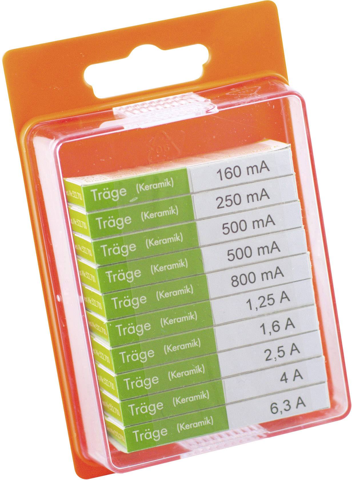 Packaging with ceramic fuses in various amperage ratings: 160 mA, 250 mA, 500 mA, 800 mA, 1.25 A, 2 A, 2.5 A, 4 A, 6.3 A.