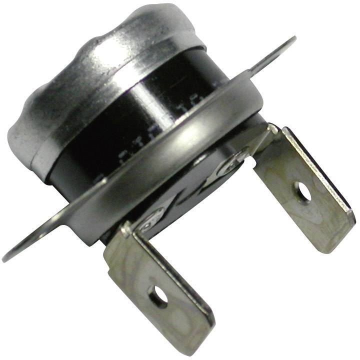 A round thermostat with two metal tabs on the sides for mounting, commonly used in household appliances.