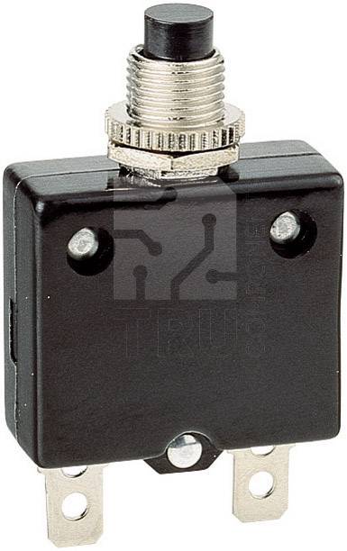 A black circuit breaker with two metal terminals and a round button on top.