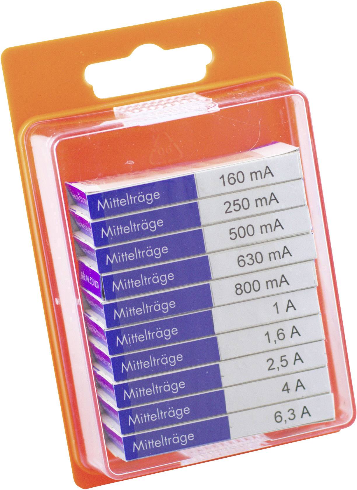 A pack of fuses with various current ratings: 160 mA, 250 mA, 500 mA, 630 mA, 800 mA, 1 A, 1.6 A, 2 A, 2.5 A, 4 A, 6.3 A.