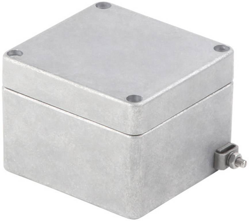 Metallic enclosure with screws at each corner, robust and square. Suitable for protecting electronic components.