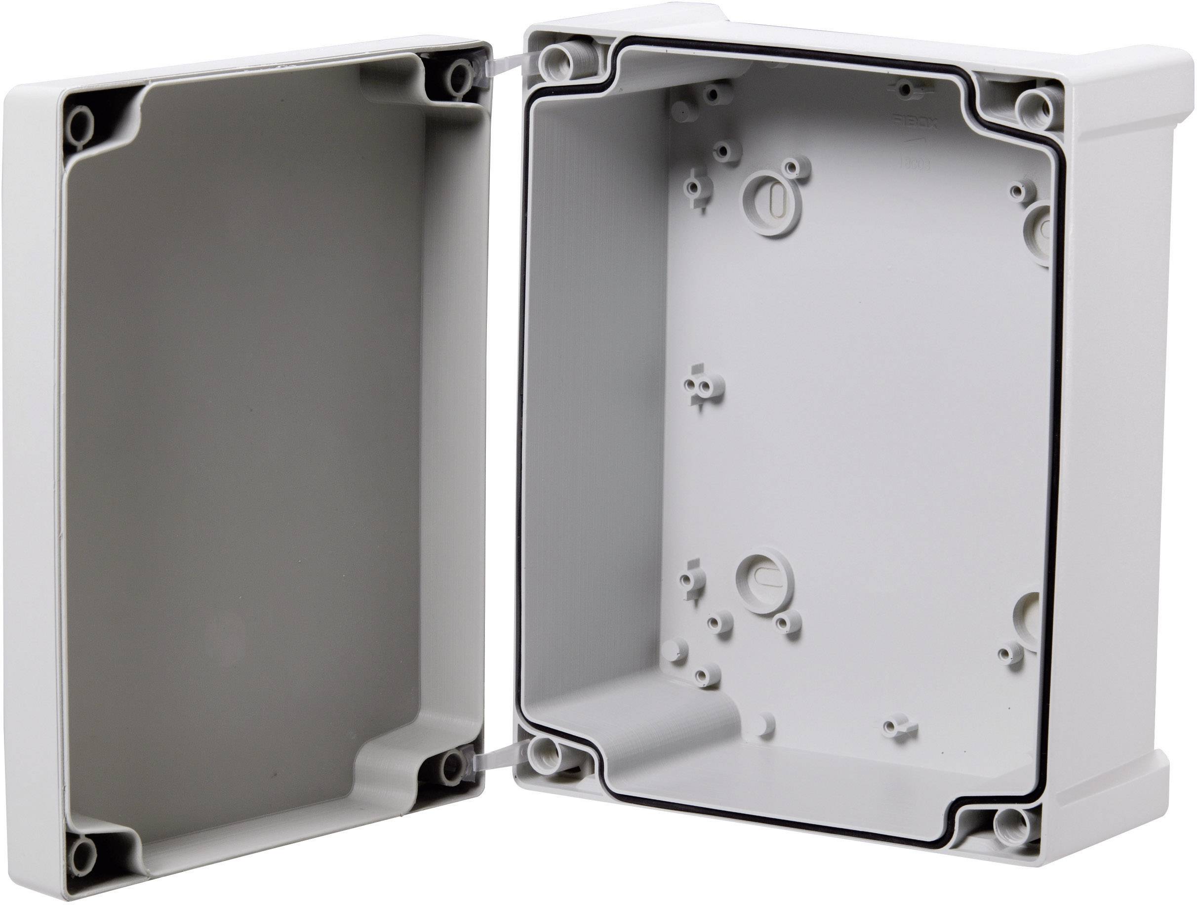 An open rectangular plastic enclosure, with mounting holes and sealing gaskets along the edges, used for electronic components.