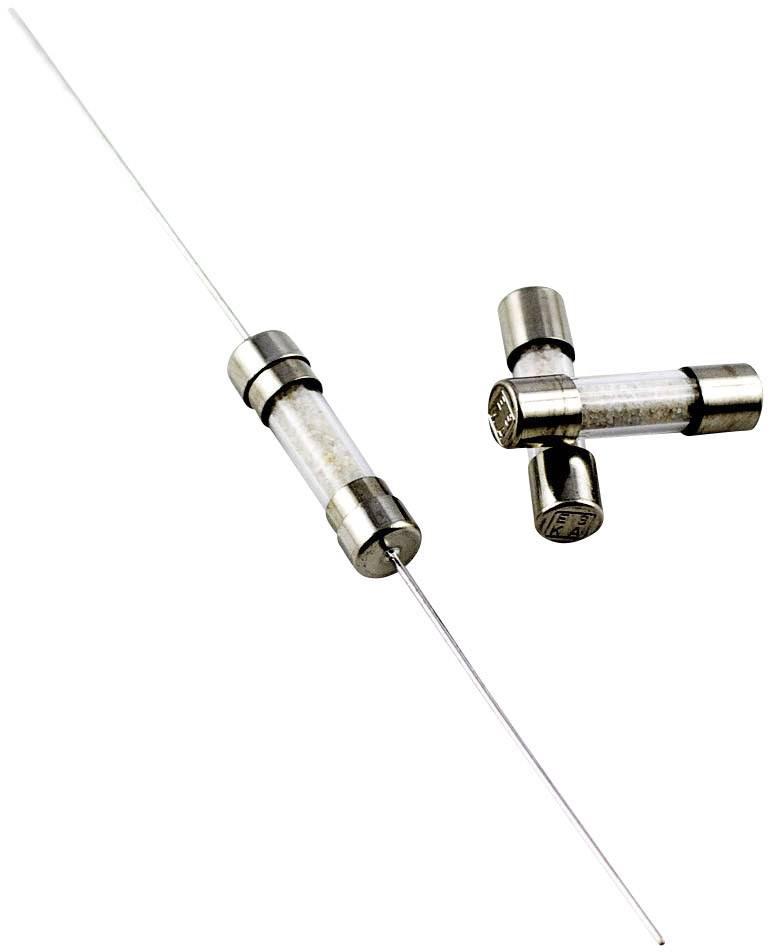 Two glass fuses with metal caps; one lying flat, the other standing upright and showing its underside.