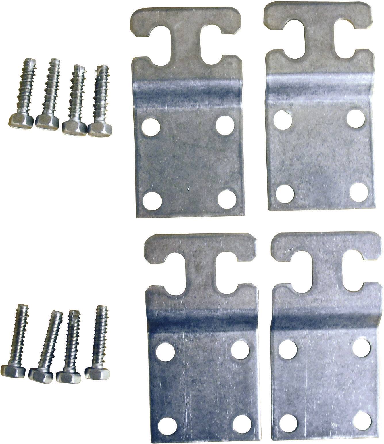 Metal angles with screws, four angles and eight screws, suitable for securing or mounting objects.