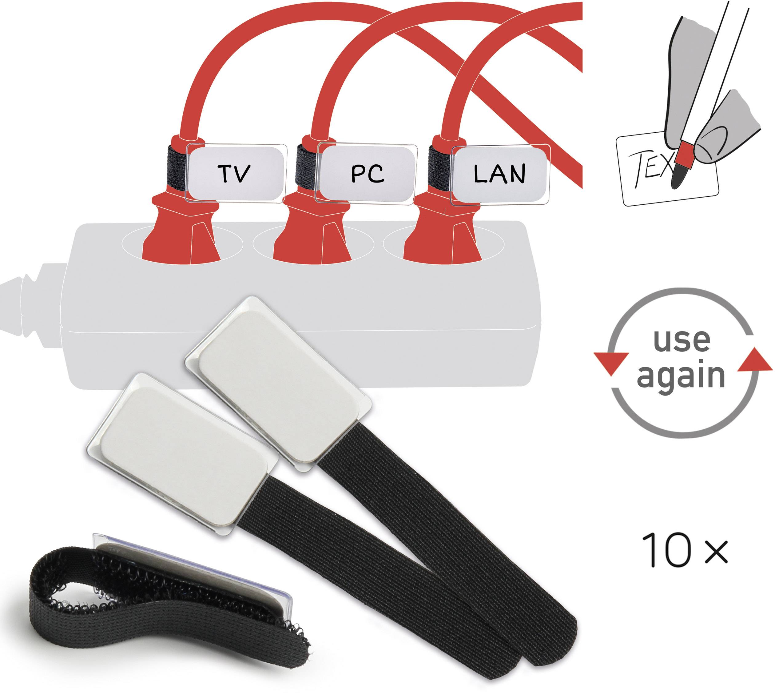 Multi-socket extension with cables labelled 'TV', 'PC', 'LAN'. Hand-labelled tag. Ten reusable hook and loop fasteners displayed.