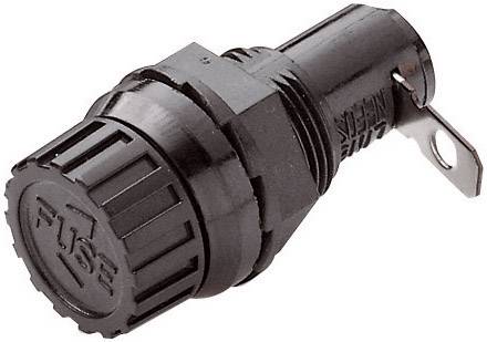 A black fuse holder with a plastic cover and metal loop, marked with 'FUSE', designed for housing an electrical fuse.
