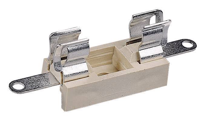 A ceramic fuse holder with two metal clips, suitable for use in electrical circuits for secure fuse mounting.