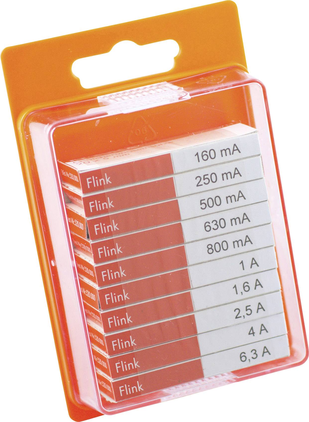 A pack of ten red Flink fuses of varying amperage, ranging from 160 mA to 6.3 A, in a transparent plastic box.