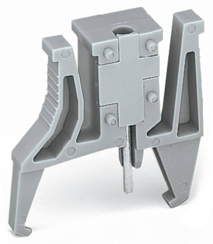 A grey, mechanical plastic component with two arms, one featuring a grip nub. It has a central screw and symmetrical design.