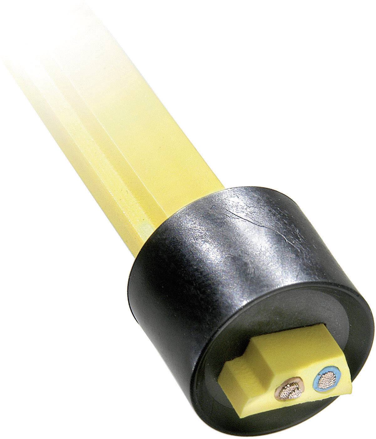A yellow electrical cable with a black plug and two copper conductors is visible.