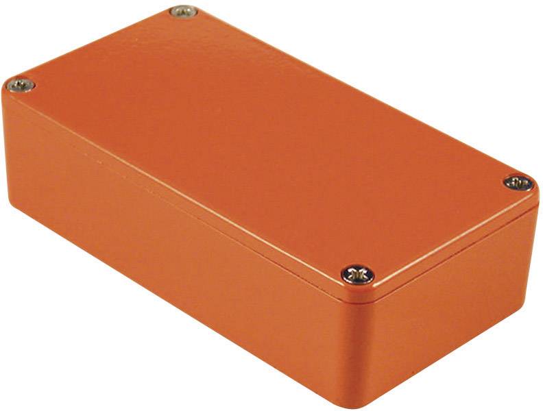 Oranges, a rectangular metal enclosure with rounded corners and four screws at the corners of the upper cover.