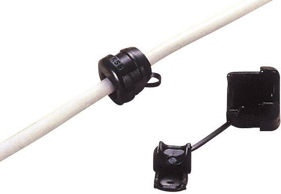 A white cable is held by a black cable clip. Next to it is a closed black clip for cable attachment.