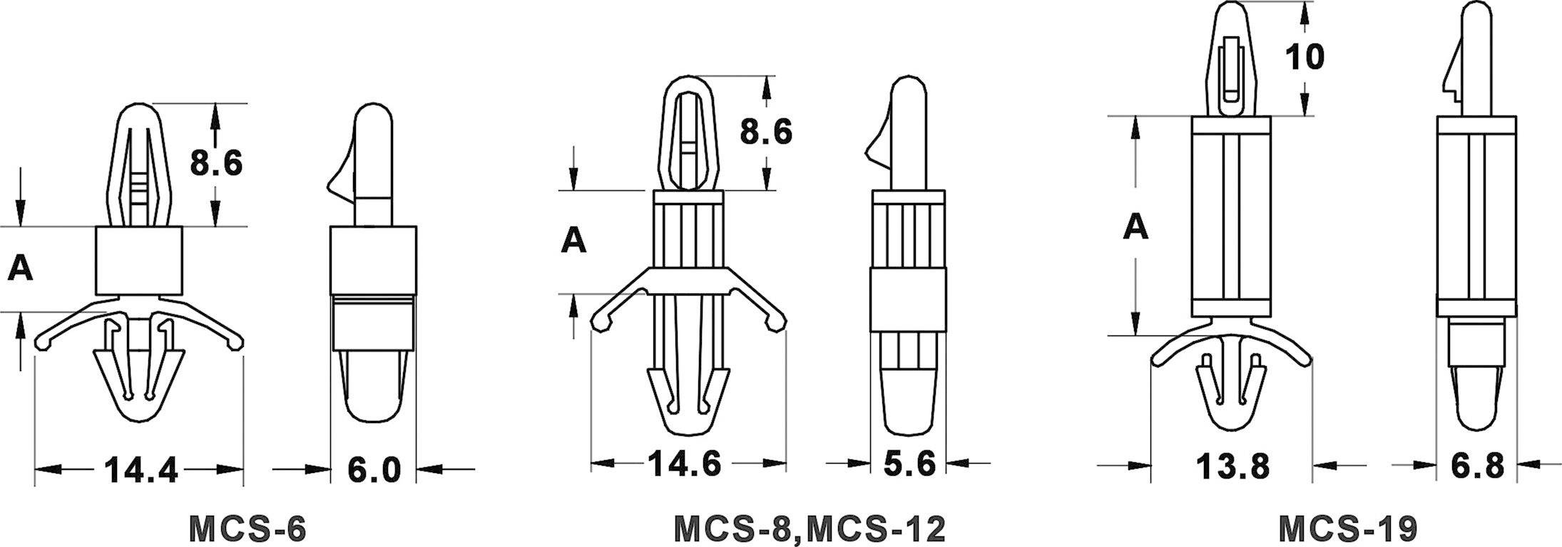 Technical drawing of four plastic wall plugs with dimensions. Models: MCS-6, MCS-8, MCS-12, MCS-19. Each has different measurements and shapes.