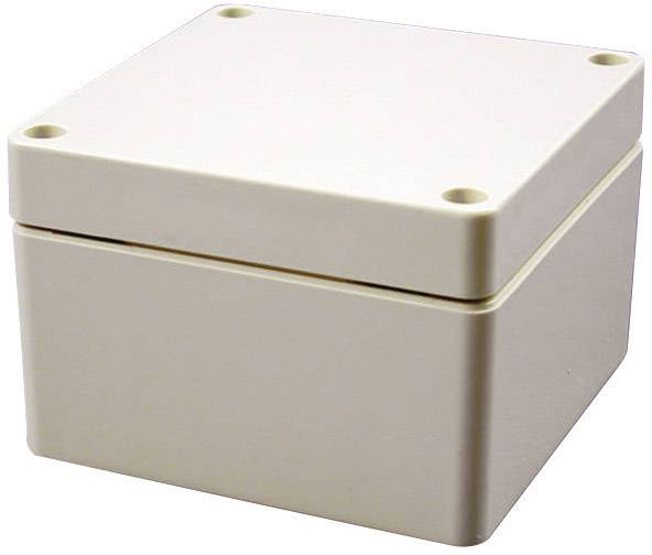 A white, square, closed plastic box with rounded corners and screw holes at the corners.