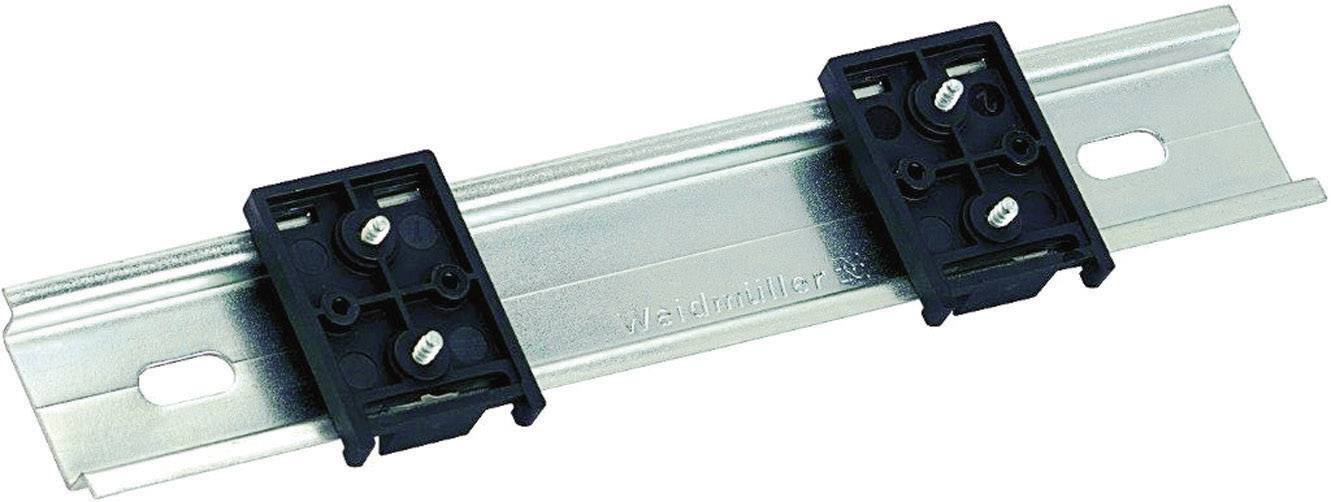 Metal rail with two black mounting elements, suitable for installing electrical components on DIN rails.