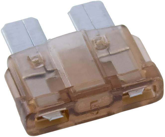 A transparent, brown flat fuse element with two metal tags, used for overcurrent protection in electrical circuits.