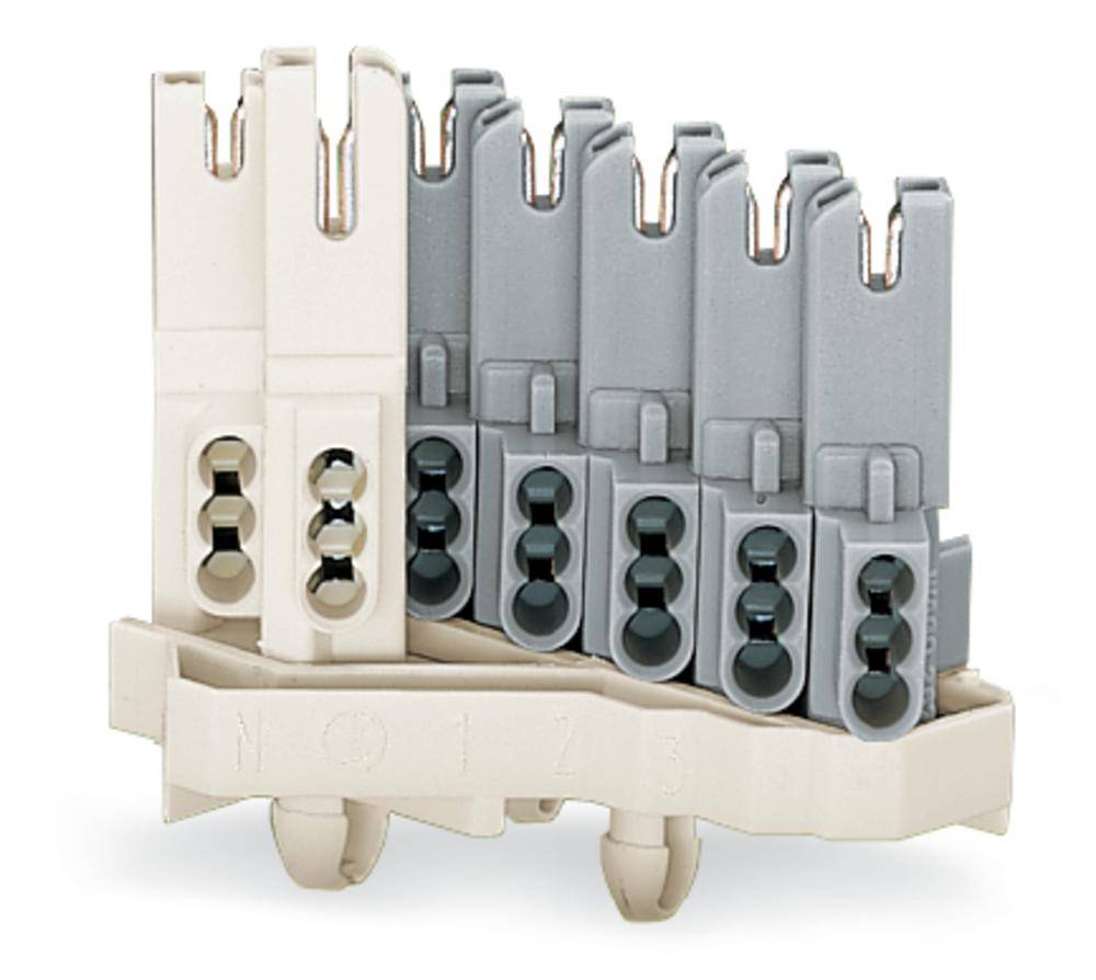 Terminal block with grey and white modules in a row, used for electrical connections on a mounting rail.