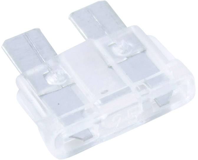 A transparent automotive fuse with two metal contacts, commonly used for protecting electronic circuits in vehicles.